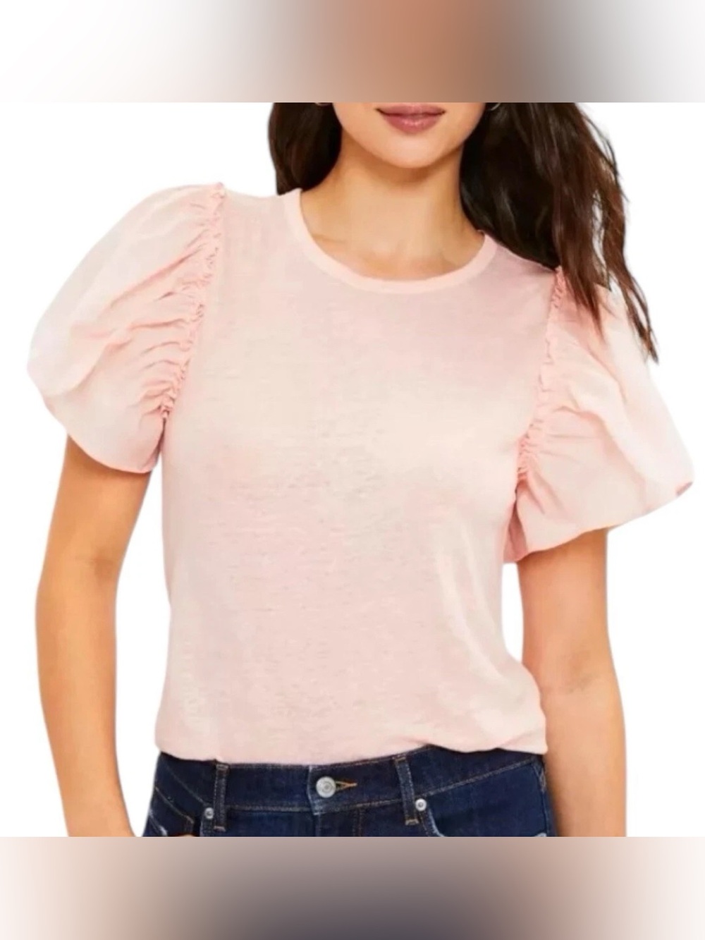 Loft Linen Light Pink Short Ruffle Puff Sleeve Round Neck Top Size Large